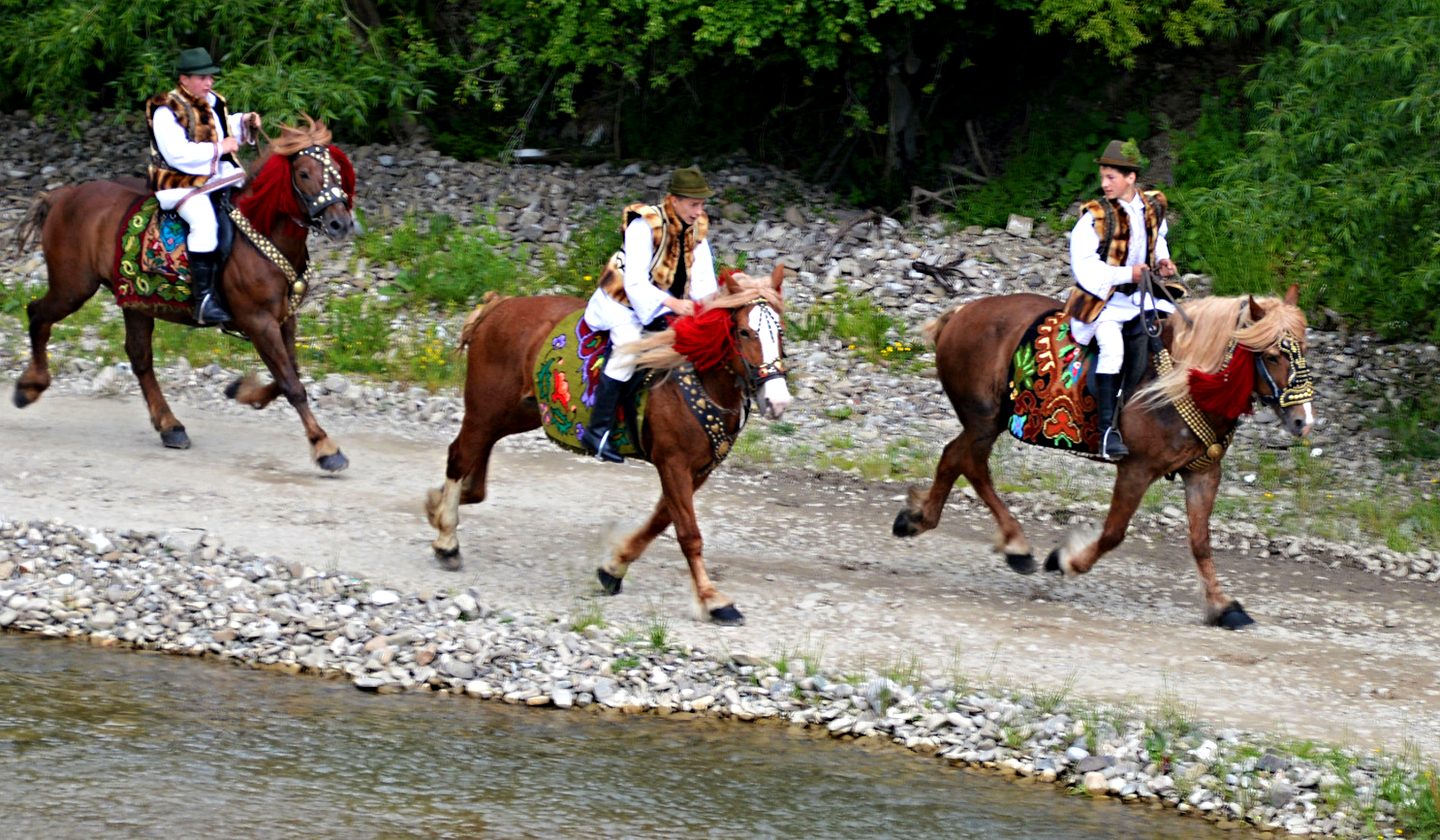 Riders on horseback along a river trail